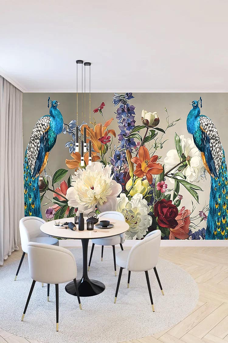 Tavus Kuşu ve Çiçek Desenli Renkli Duvar Kağıdı - Görsel 2