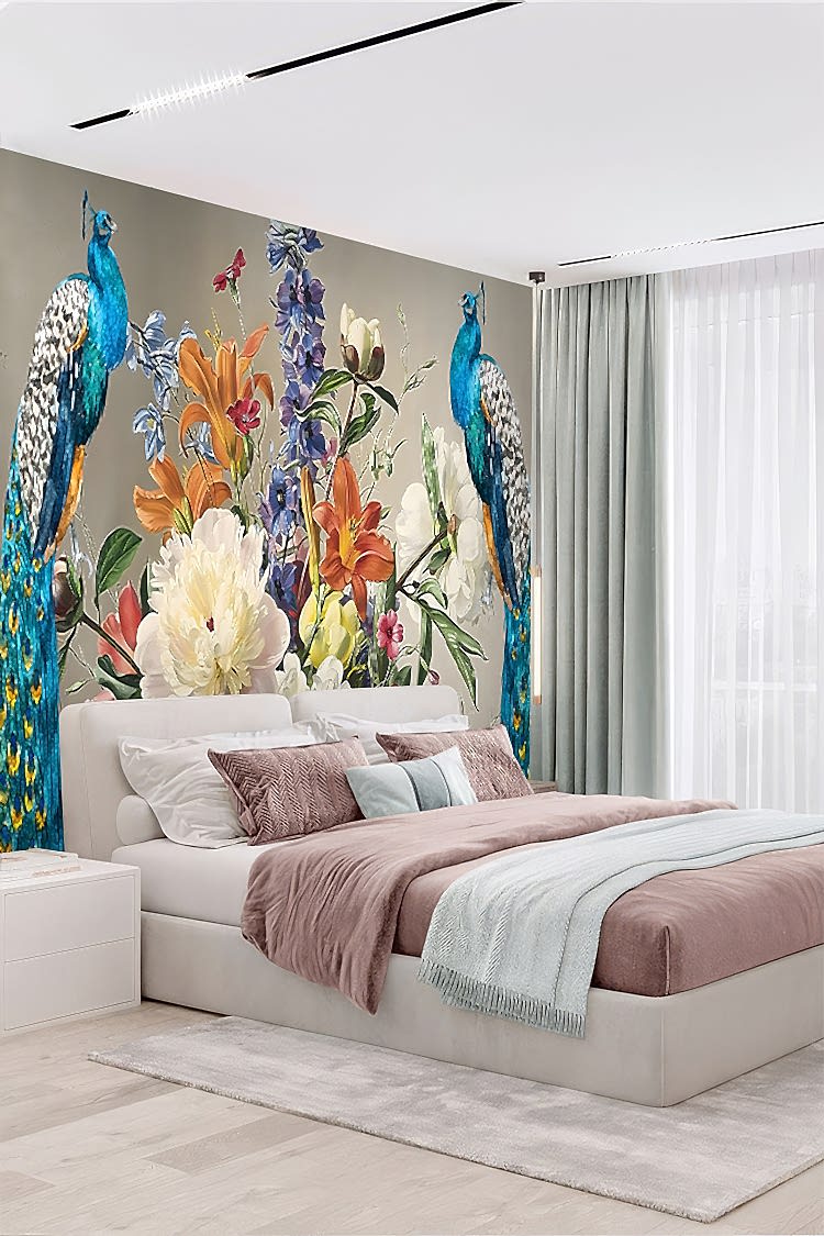 Tavus Kuşu ve Çiçek Desenli Renkli Duvar Kağıdı - Görsel 3