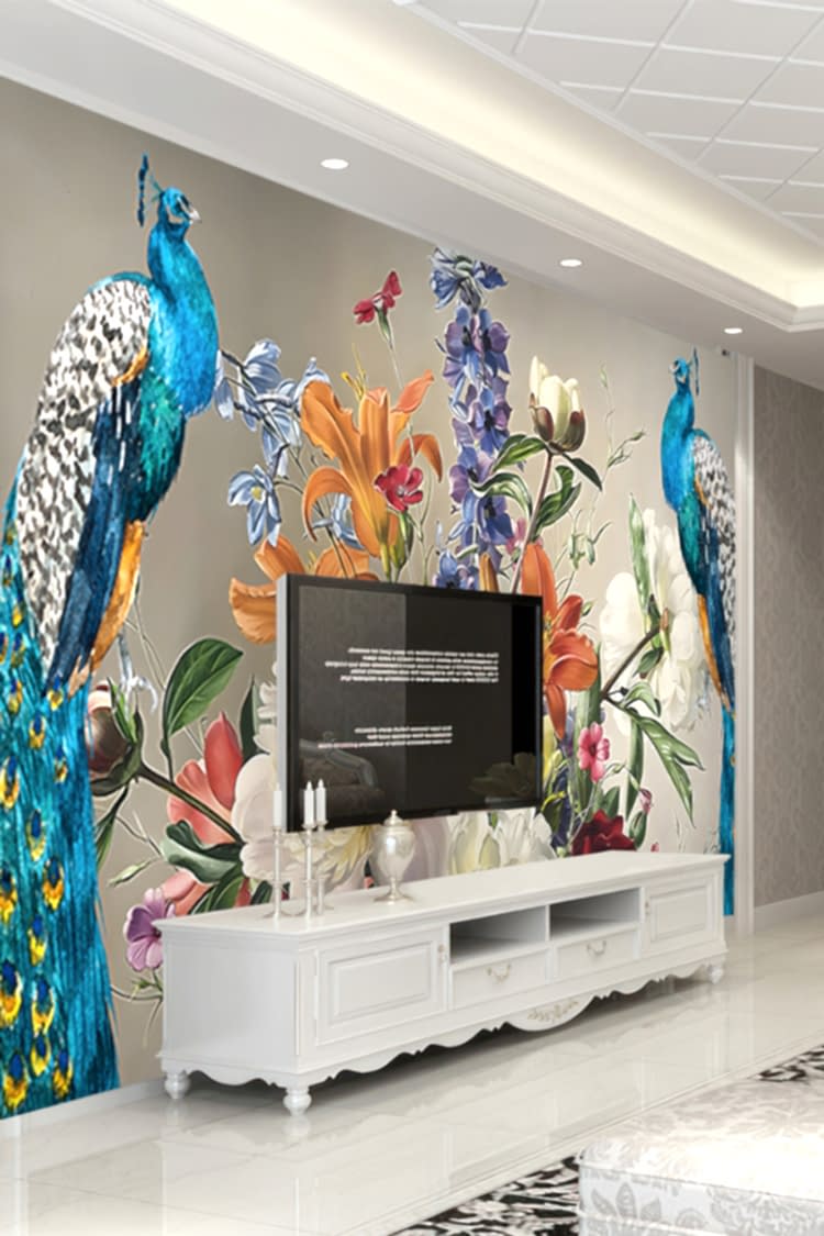 Tavus Kuşu ve Çiçek Desenli Renkli Duvar Kağıdı - Görsel 4