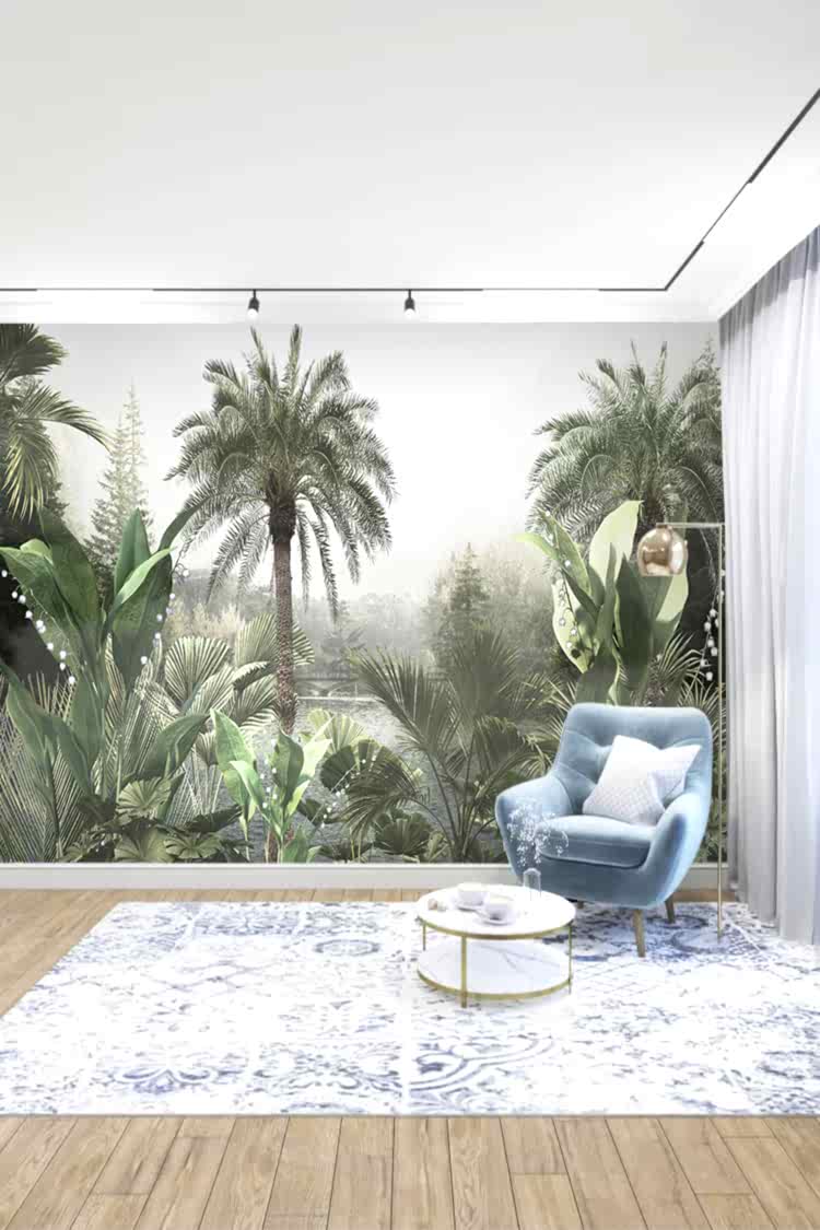 Tropikal Palmiyeler ve Yeşil Bitkilerle Doğa Manzaralı Duvar Kağıdı