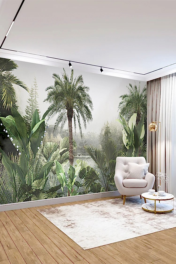Tropikal Palmiyeler ve Yeşil Bitkilerle Doğa Manzaralı Duvar Kağıdı - Görsel 5