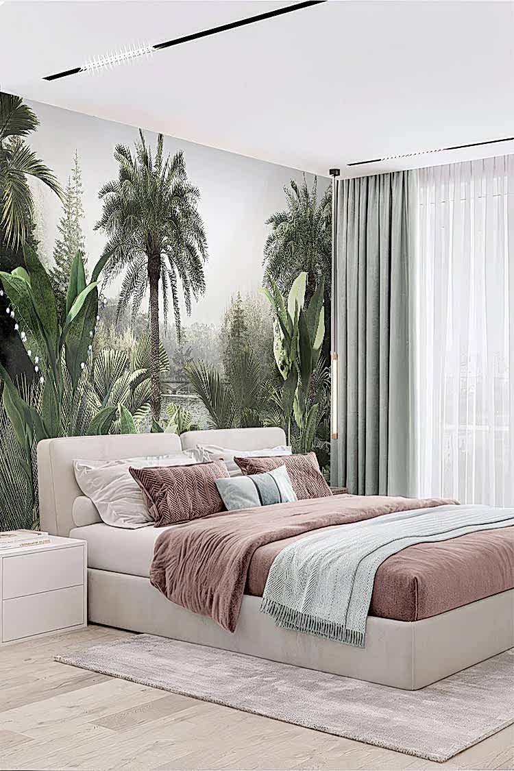 Tropikal Palmiyeler ve Yeşil Bitkilerle Doğa Manzaralı Duvar Kağıdı - Görsel 3