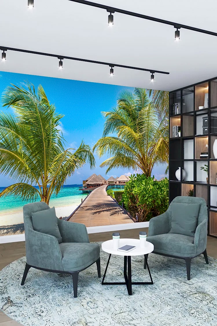 Tropikal Plaj ve Yürüyüş Yolu Manzaralı Duvar Kağıdı - Görsel 2