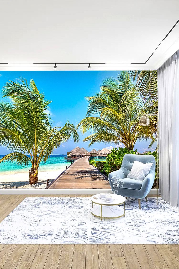 Tropikal Plaj ve Yürüyüş Yolu Manzaralı Duvar Kağıdı - Görsel 5