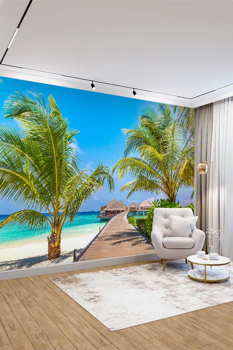 Tropikal Plaj ve Yürüyüş Yolu Manzaralı Duvar Kağıdı - Görsel 4