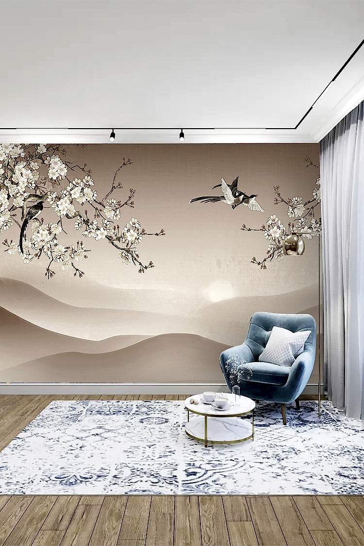 Çiçekli Dal ve Kuşlu Doğal Duvar Kağıdı - Görsel 2