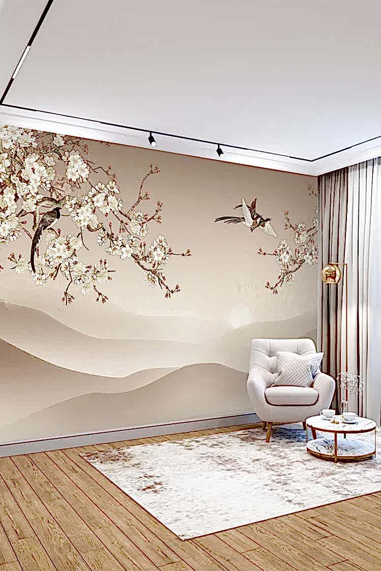 Çiçekli Dal ve Kuşlu Doğal Duvar Kağıdı - Görsel 3