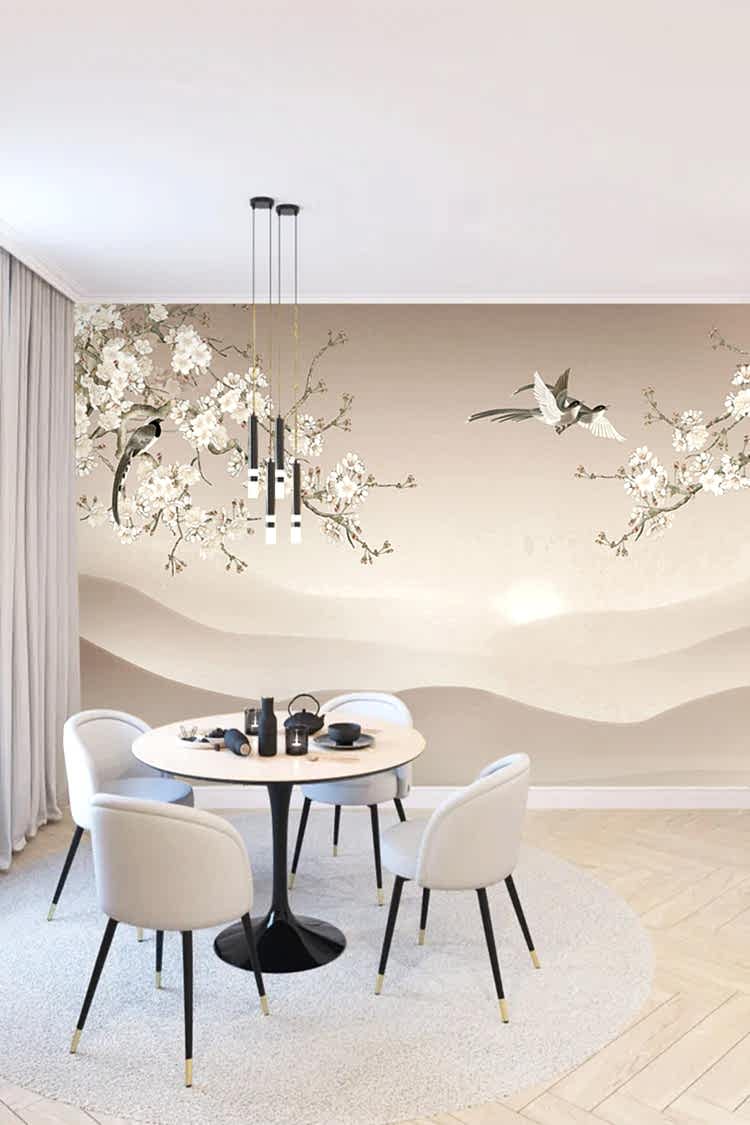 Çiçekli Dal ve Kuşlu Doğal Duvar Kağıdı - Görsel 4