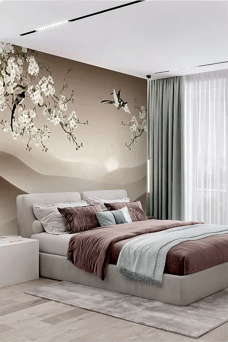 Çiçekli Dal ve Kuşlu Doğal Duvar Kağıdı - Görsel 5