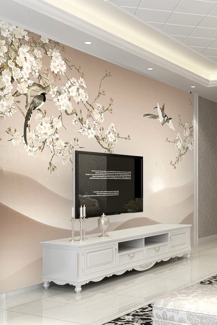 Çiçekli Dal ve Kuşlu Doğal Duvar Kağıdı