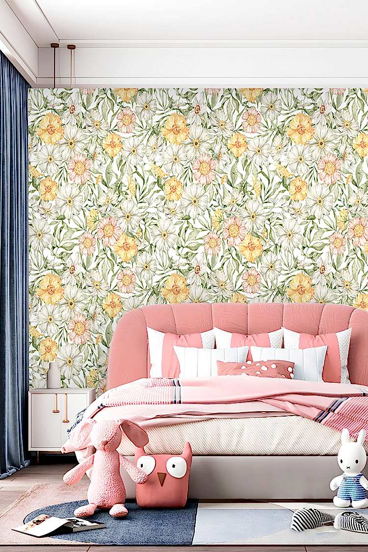 Sarı Beyaz Çiçek Desenli Duvar Kağıdı - Görsel 6