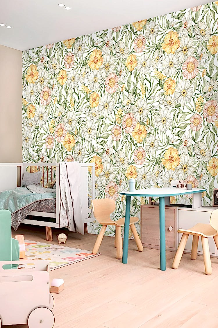 Sarı Beyaz Çiçek Desenli Duvar Kağıdı - Görsel 5