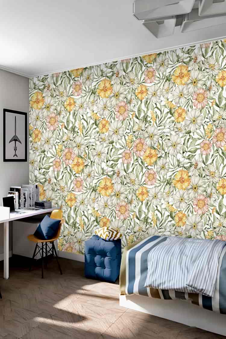 Sarı Beyaz Çiçek Desenli Duvar Kağıdı - Görsel 2