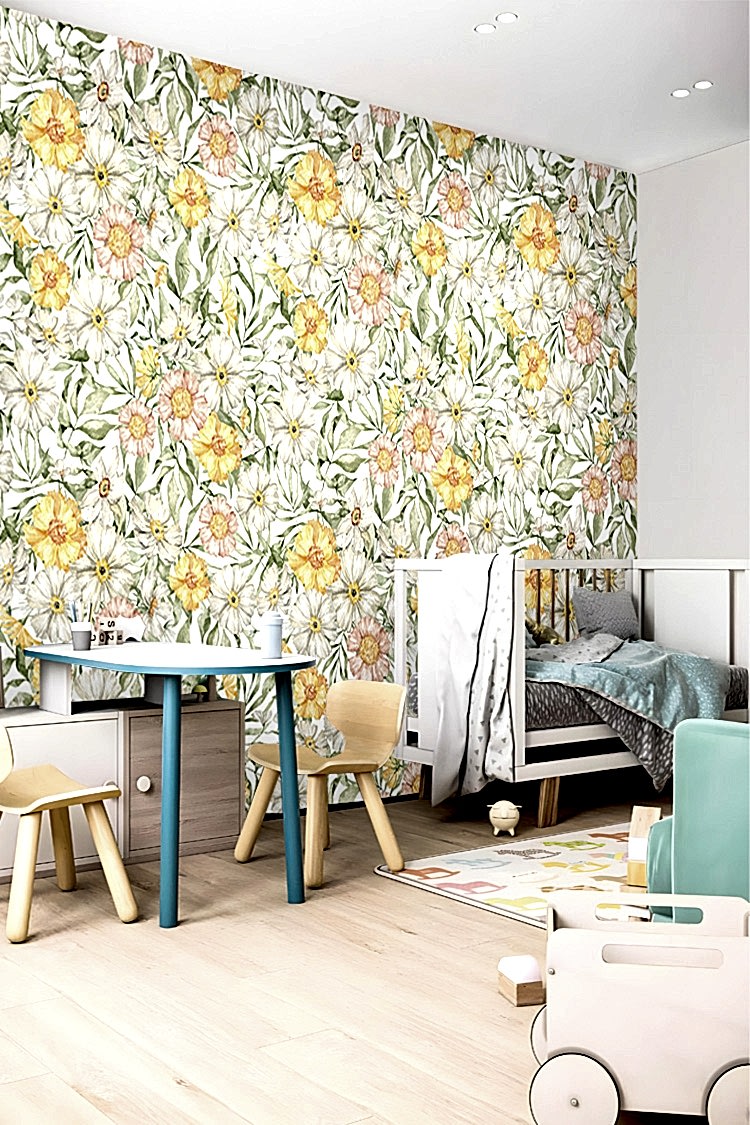 Sarı Beyaz Çiçek Desenli Duvar Kağıdı - Görsel 4