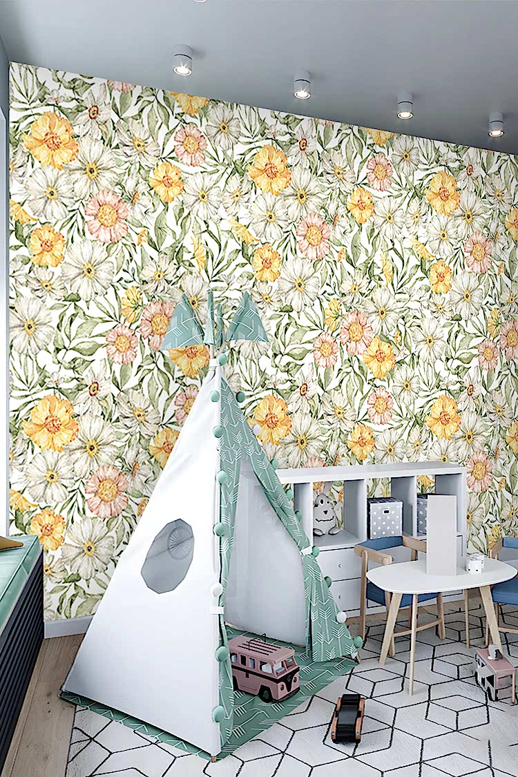 Sarı Beyaz Çiçek Desenli Duvar Kağıdı