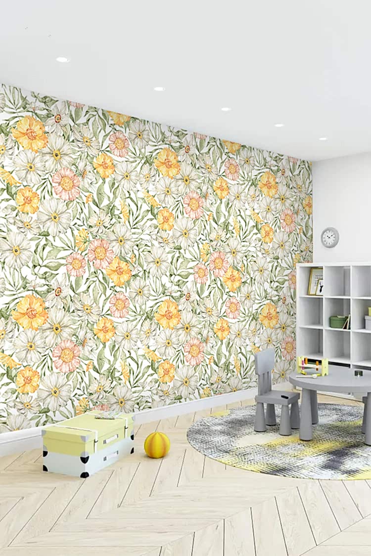 Sarı Beyaz Çiçek Desenli Duvar Kağıdı - Görsel 3