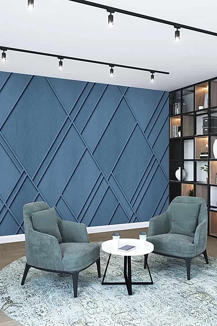 Mavi Geometrik Çıta Desenli Modern Duvar Kağıdı - Görsel 6