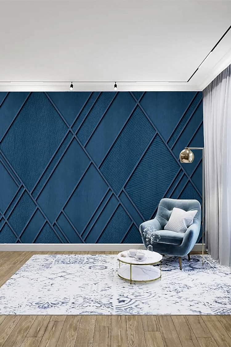 Mavi Geometrik Çıta Desenli Modern Duvar Kağıdı - Görsel 3