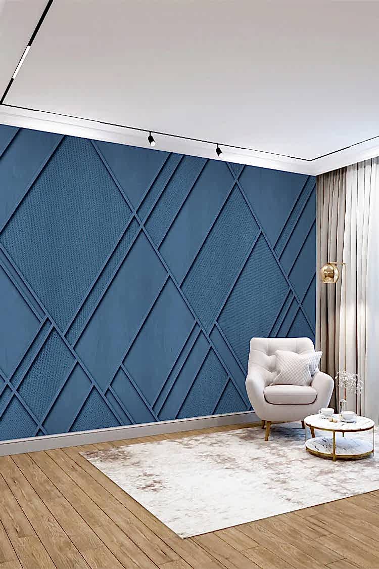 Mavi Geometrik Çıta Desenli Modern Duvar Kağıdı - Görsel 2