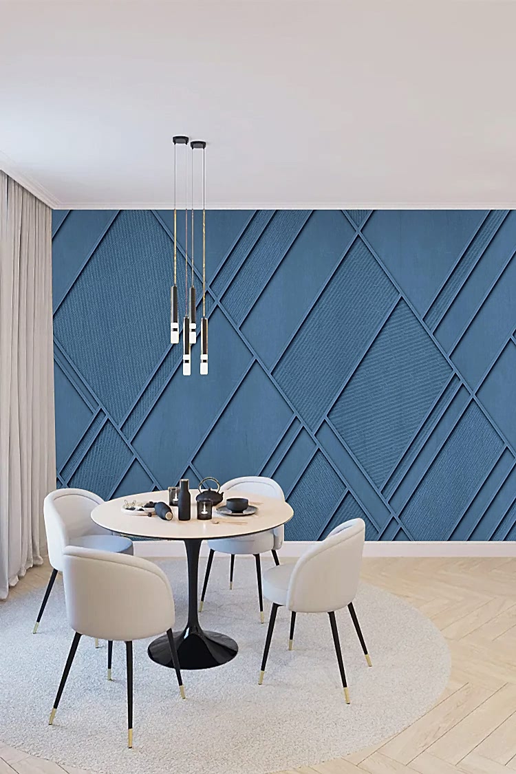 Mavi Geometrik Çıta Desenli Modern Duvar Kağıdı - Görsel 4