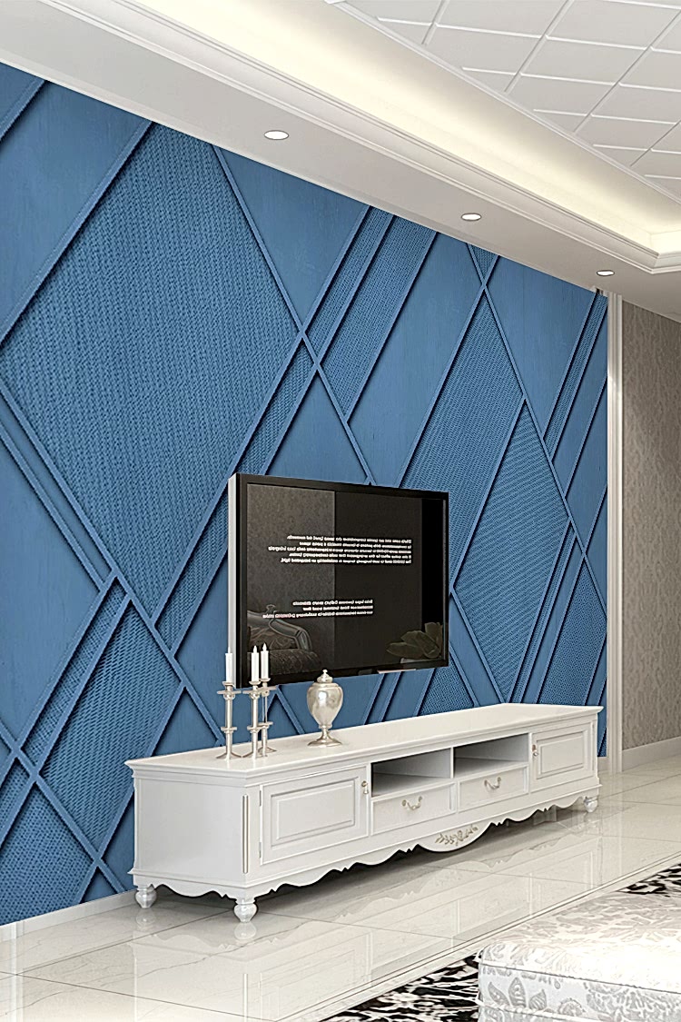 Mavi Geometrik Çıta Desenli Modern Duvar Kağıdı - Görsel 5